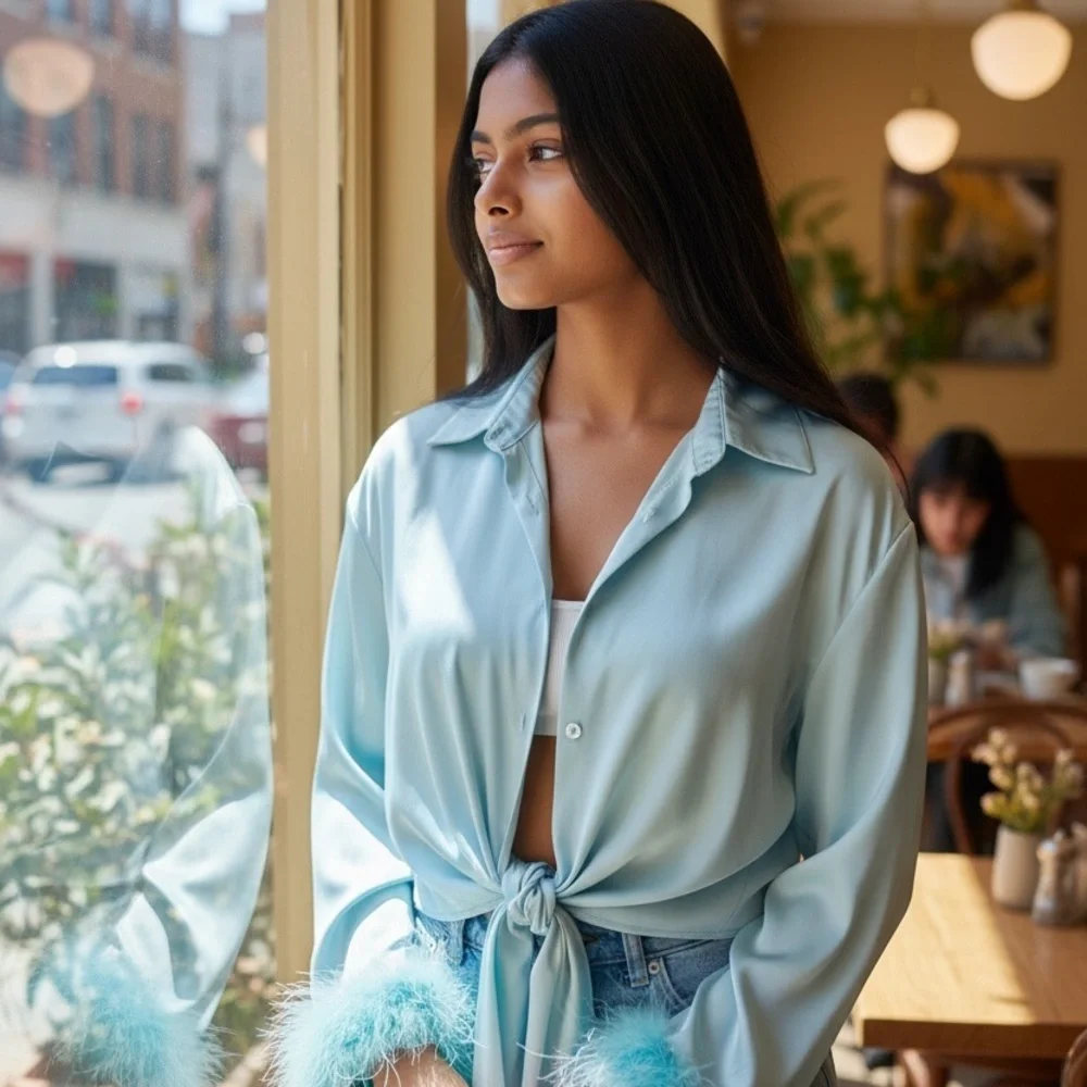 Tie-Front Satin Blouse in Light Blue - Picture 1 of 7